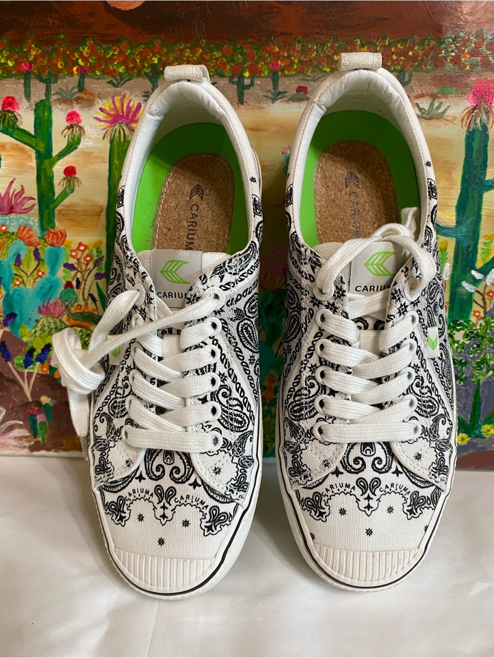 Cariuma Women’s White Canvas Sneakers with Black Paisley Print, Unisex M8, W9.5